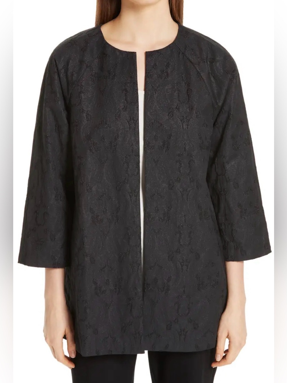 Eileen Fisher Metallic Jacquard Open Front Jacket Charcoal Black Shimmer, Size M